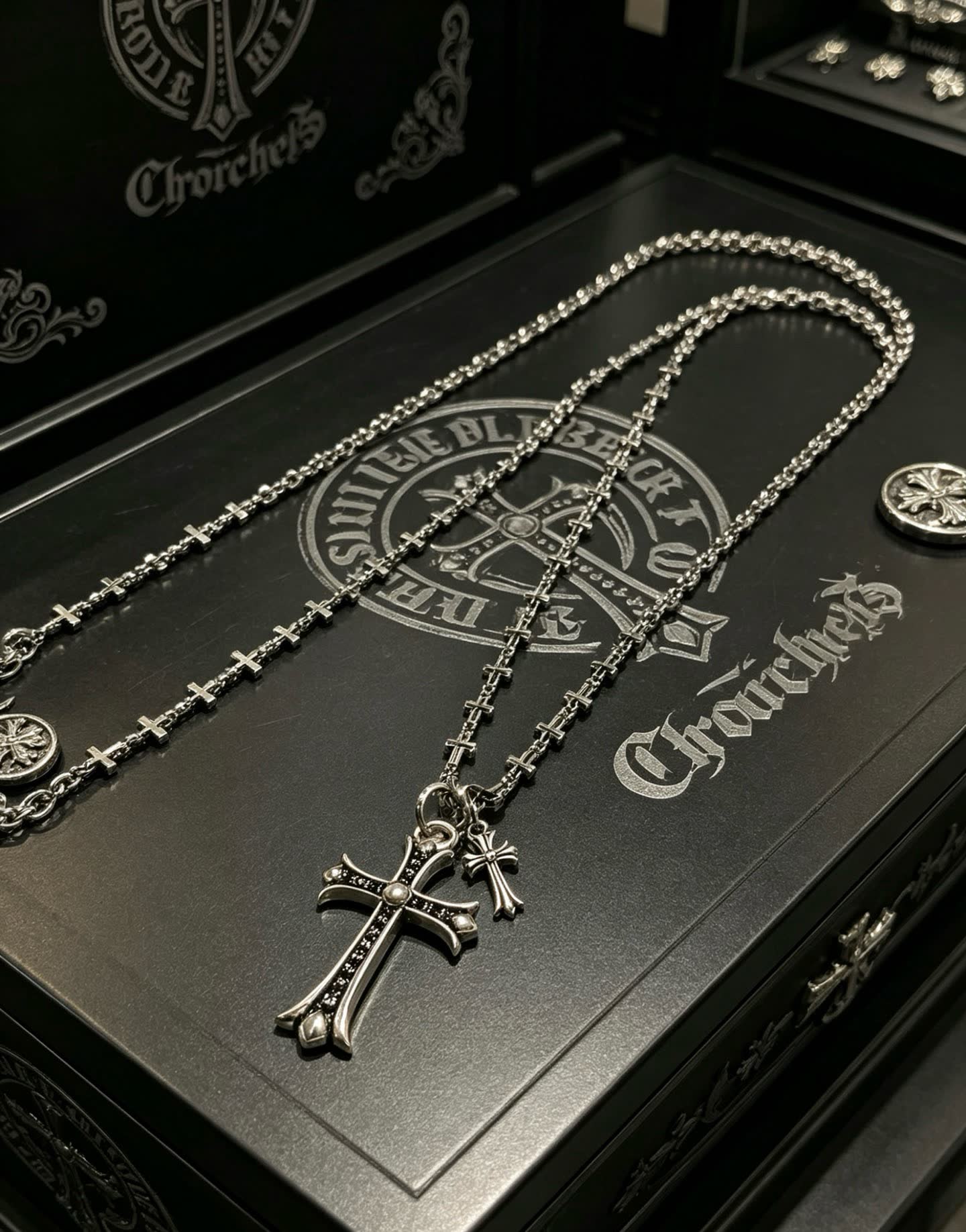 Chrome Hearts Silver Cross Necklace with Black Inlay